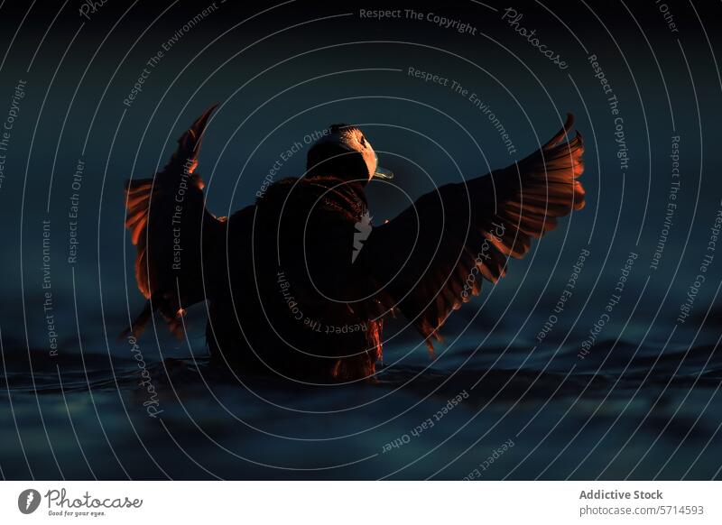 Dramatic silhouette of a duck flapping its wings on the water surface at dusk, with the last light casting a warm glow Duck wildlife nature wetland bird feather