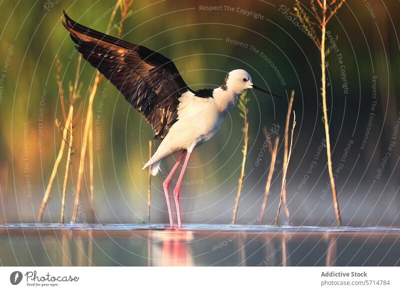 Avocet in Water at Sunset Displaying Wings avocet recurvirostra avosetta bird water sunset wings nature wildlife grace elegance calm reeds golden light