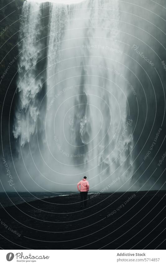 Anonymous man beholding the grandeur of Skogafoss Waterfall iceland skogafoss waterfall male travel nature majestic mist adventure sightseeing tourism volcanic