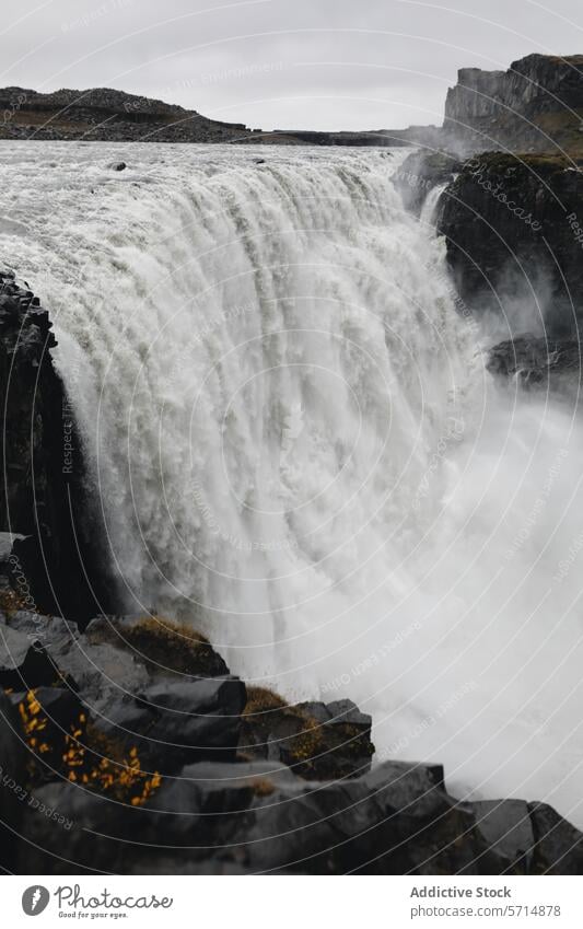 Majestic Waterfall in Iceland's Rugged Landscape waterfall iceland nature landscape cascade power beauty raw terrain outdoor majestic flow natural scenic travel