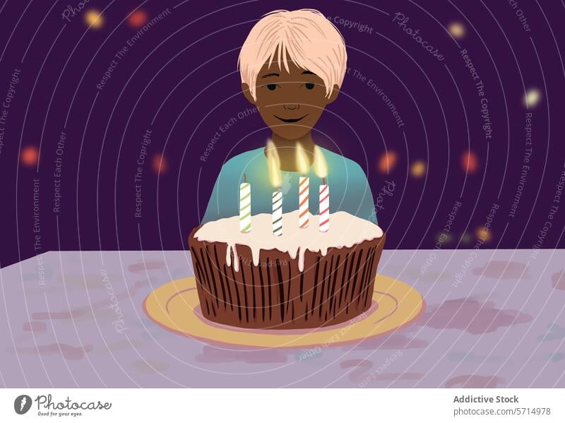 Smiling Child with Birthday Cake and Lit Candles illustration lifestyle child birthday cake celebration candle smile party happy occasion festive event dessert