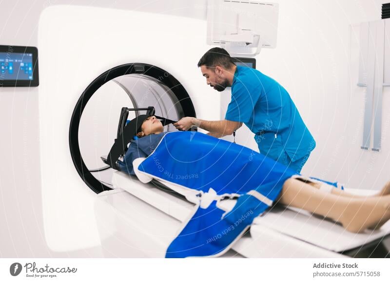 Medical professional preparing patient for CT scan healthcare medical technician ct scan computed tomography hospital clinic assistance preparation