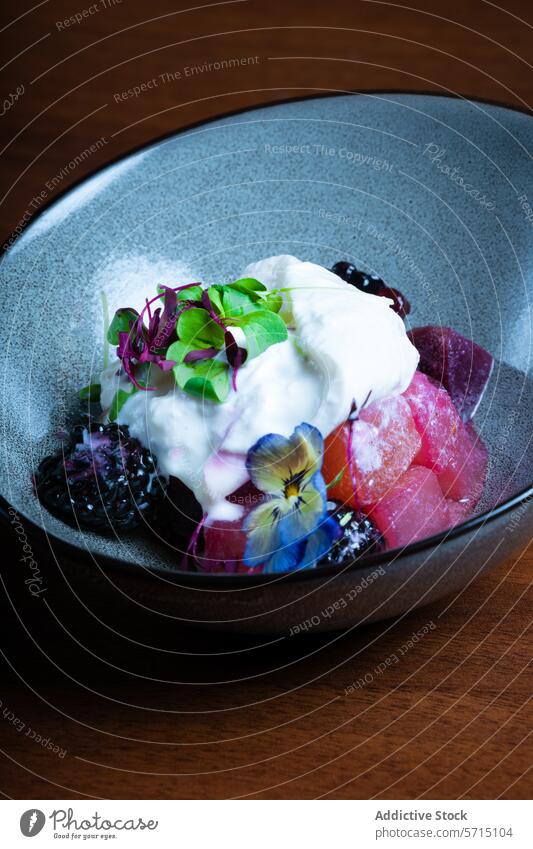 Stracciatella cheese with beetroot and berries stracciatella creamy salad edible flower garnish plate vibrant bowl elegant appetizer gourmet cuisine colorful