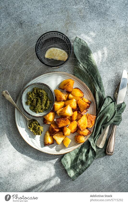 Top view of golden roasted potatoes on a white plate with green pesto in a small bowl, a glass of water, and cutlery wrapped in a green napkin on a textured grey background