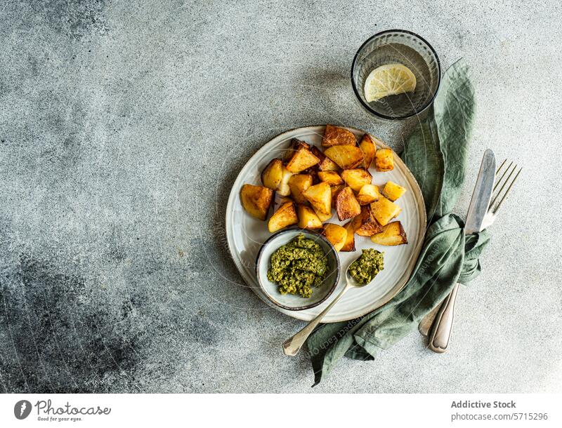 Top view of golden roasted potatoes on a white plate with green pesto in a small bowl, a glass of water, and cutlery wrapped in a green napkin on a textured grey background