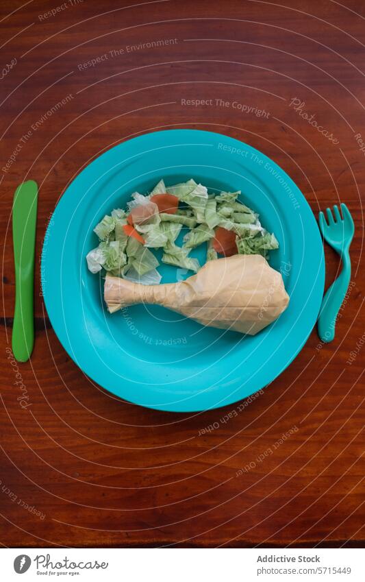 Unusual plastic bag meal setup on colorful plates food waste concept surreal children salad drumstick environmental pollution mock artificial recycle green