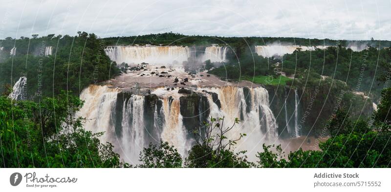 Panoramic Iguazu Falls in lush Brazilian landscape iguazu falls panoramic brazil waterfall greenery mist overcast sky southern brazil nature natural wonder