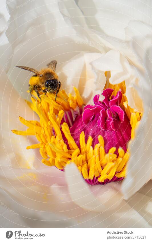 Honeybee pollinating vibrant peony in springtime bloom honeybee pollination flower nectar stamen petal white magenta yellow blossom garden nature insect macro