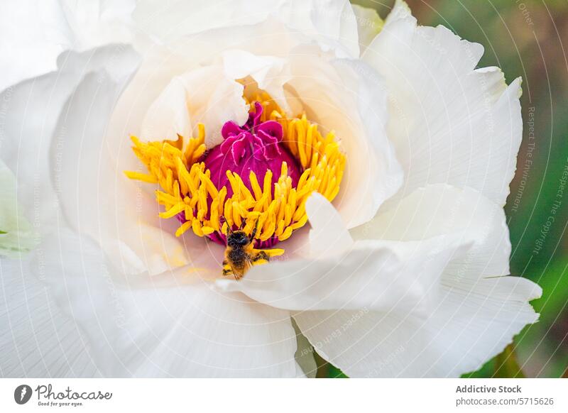 Springtime bee on a blooming peony flower springtime pollen close-up vibrant white blossom nature macro insect plant petal floral garden pollination wildlife