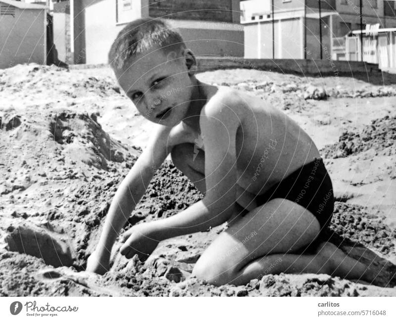 Building a beach castle | Adria 1964 Ocean Mediterranean sea Adriatic Sea 1960s Child holidays Vacation & Travel Summer coast Water Tourism Travel photography