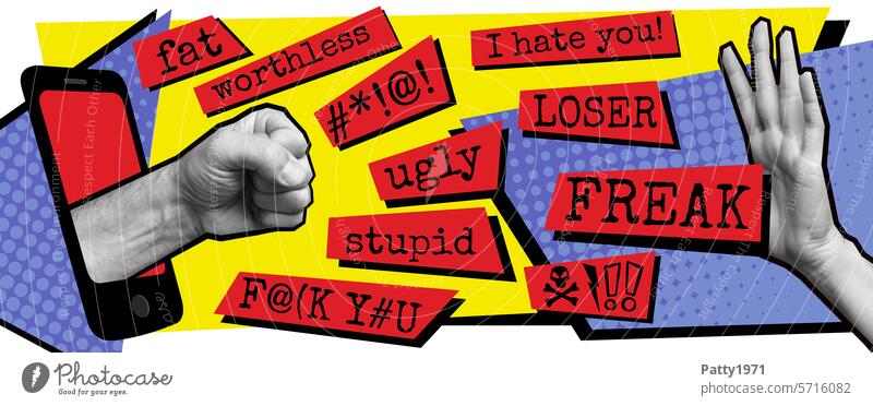 Fist sticking out of a cell phone accompanied by insulting words. Cyberbullying concept. Social media hate speech. harassment social media agressive Affront