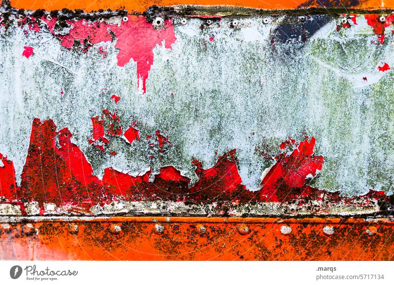 heavy metal Steel Old Close-up Weathered Flake off Varnish Colour Trashy Orange Red Gray Stud Structures and shapes Change Metal Broken