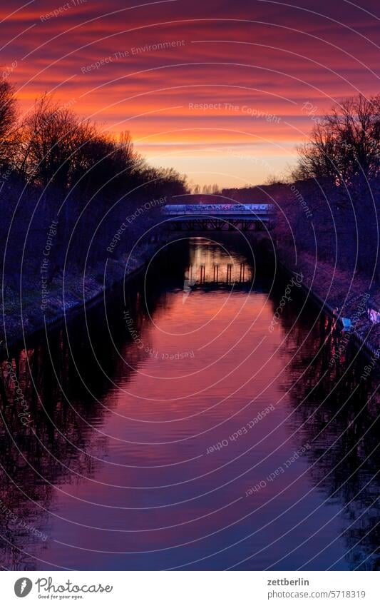 Sunset on the Teltow Canal Evening altocumulus Dark Twilight somber colour spectrum Closing time Worm's-eye view Thunder and lightning cumulus cloud Sky