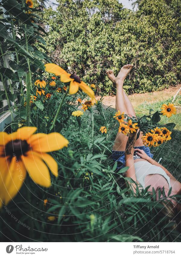 Girl in garden of flowers Sunflowers Flower garden Flowers Yellow flowers Laying in flowers Black-eyed susan Bouquet cut flower Cut garden