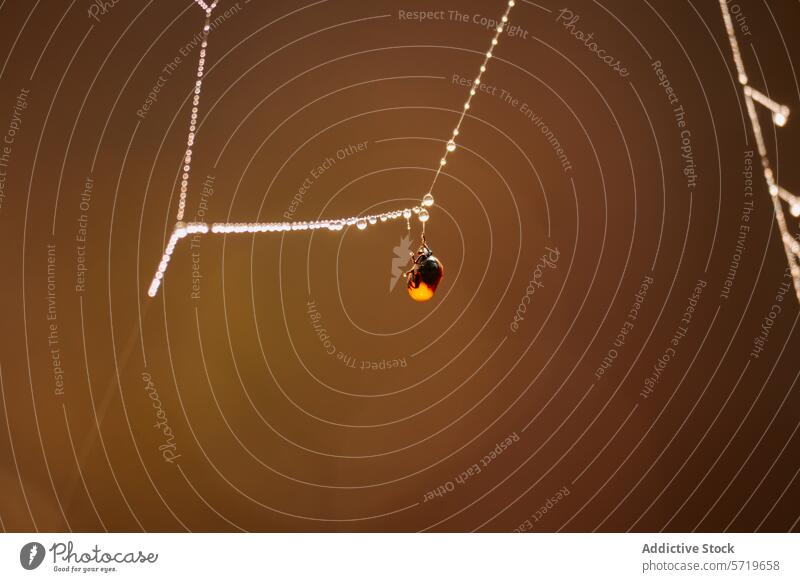 Ladybug on dewy spider web in gentle light ladybug nature insect arachnid droplet close-up macro wildlife brown background delicate clinging small morning