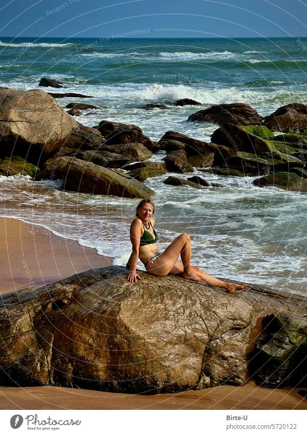 Woman by the sea Sri Lanka Tangalla vacation Vacation & Travel Idyll Tourism Relaxation Paradise coast Summer Nature Card Freedom Ocean Water Rock bathe Sun