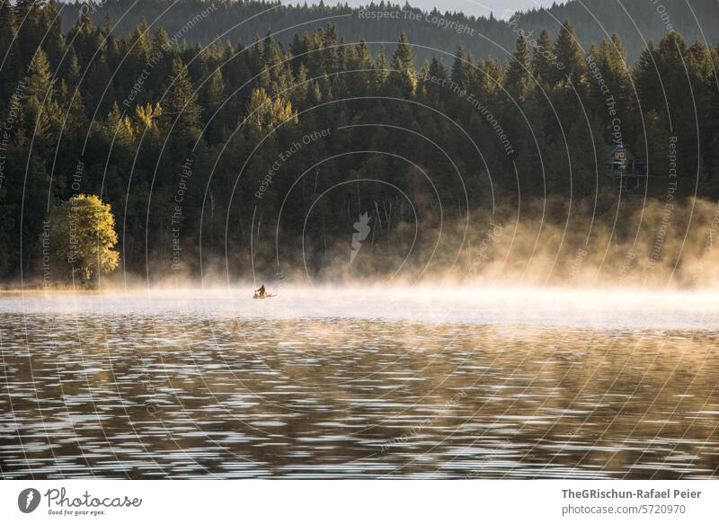 Canoeists on the lake - morning mist still hangs over the lake Lake Man Highway ramp (exit) Fog Moody morning light Landscape Nature Dawn Calm morning mood