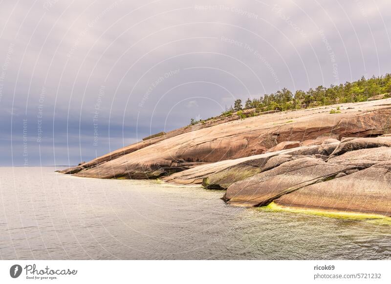 Baltic coast with rocks on island Blå Jungfrun in Sweden Island Oskarshamn Ocean Baltic Sea Tree Kalmar county Smaland Summer Sky Clouds Blue Landscape Nature