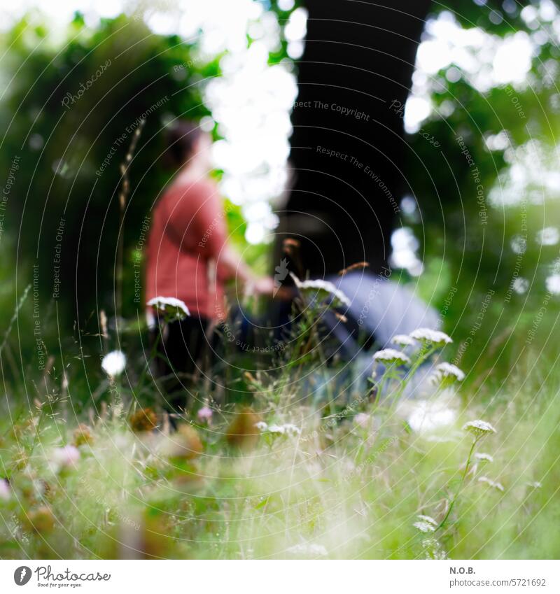 Young mother pushing stroller in nature. Out of focus. Family young happiness Mother maternity Parents Child parenthood young mother Baby carriage mama