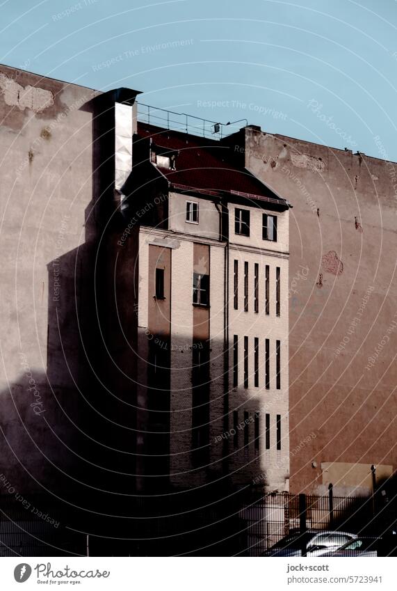 between firewalls rear building Fire wall Depth of field Change Symmetry Historic Downtown Berlin Facade Cloudless sky Town house (City: Block of flats) Gloomy