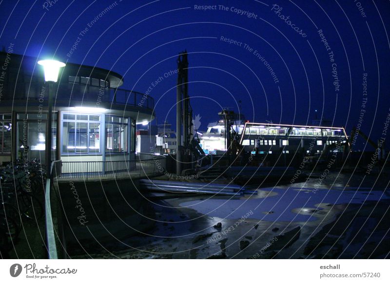 on the way Colour photo Exterior shot Night Artificial light Contrast Reflection Long exposure Low-key Wide angle Winter Construction site Water Night sky Lake