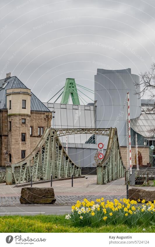 Swing bridge from 1896 Colour photo Sky Exterior shot Deserted Nature Town Rheinau docks Rheinauhafen swing bridge Landmark Tourist Attraction Rhine Building