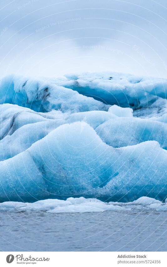 A tranquil image capturing the subtle blue hues of an iceberg floating in Vatnajökull National Park, Iceland, set against a soft grey sky national park serene