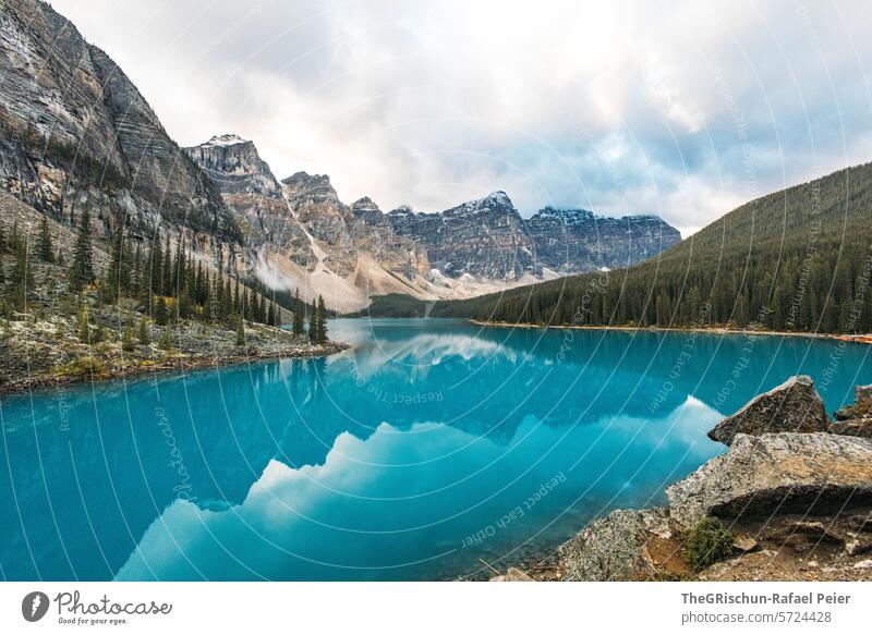 Moraine Lake in the morning with reflection Canada Mountain Clouds Water Icefield parkway Rocky Mountains Vacation & Travel Exterior shot Colour photo Tourism