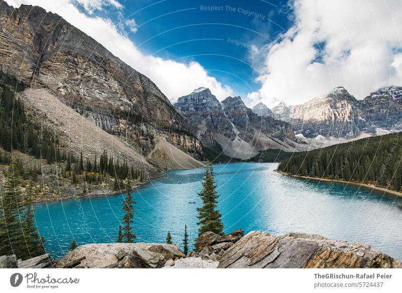 Moraine Lake in the morning with reflection Canada Mountain Clouds Water Icefield parkway Rocky Mountains Vacation & Travel Exterior shot Colour photo Tourism