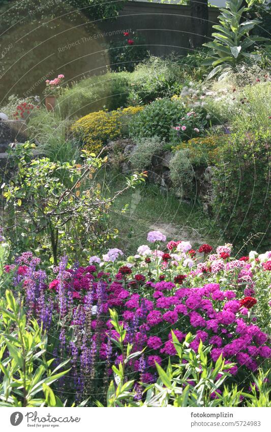 Flower garden flower garden Garden flowers Stone wall garden flowers variegated Garden plants Horticulture garden plant pink Idyll garden design