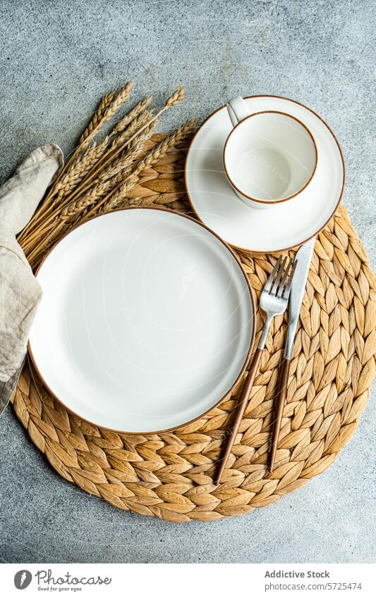 Elegant table setting with white ceramic and cutlery top view from above plate cup silverware placemat wheat decoration dinner bright woven elegant style