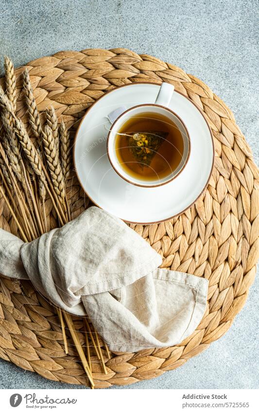 Cozy tea time with black tea and a homemade croissant sugar powder lemon dry lemon pieces woven placemat wheat cup saucer teabag linen napkin cozy tabletop