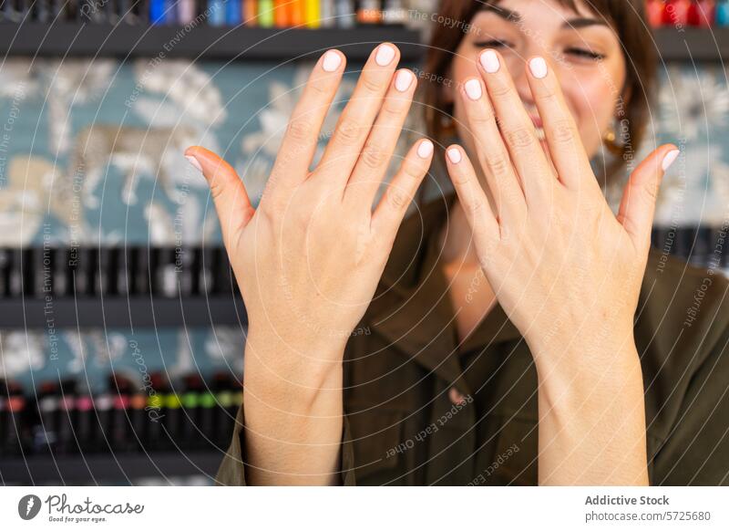 Woman showcasing manicure at a beauty salon woman nails smiling display fresh nail polish subtle pink blurred background variety color nail color nail bar hand