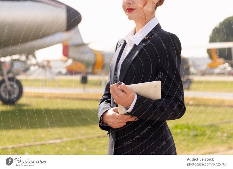 Anonymous air hostess in a tailored suit holds a tablet while standing confidently at an airfield, with a glimpse of aircraft in the background woman