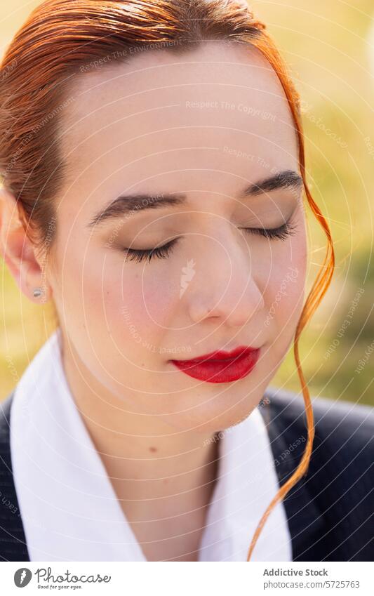 A detailed portrait of an air hostess showcasing her professional makeup and poised expression, reflecting the elegance of the aviation industry close-up woman