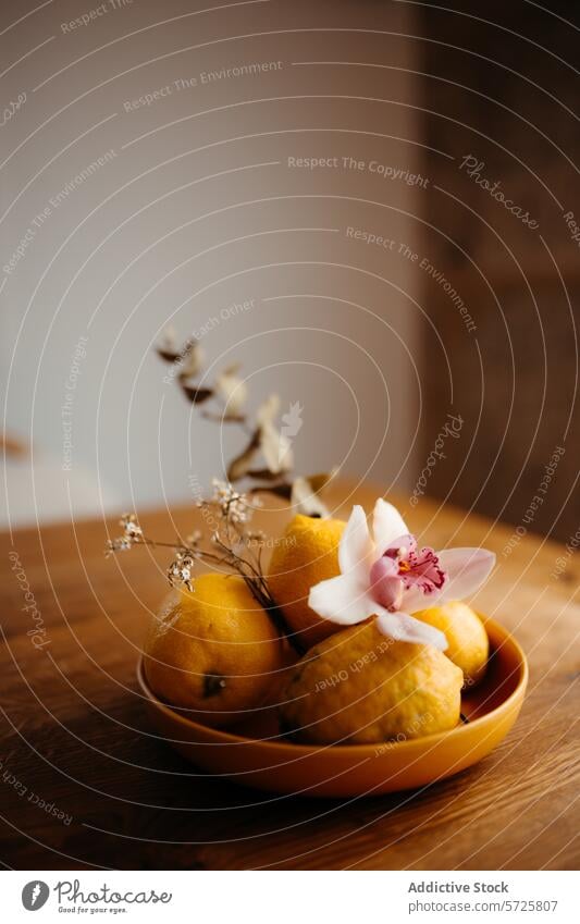 Fresh lemons and orchid in serene still life setting bowl fresh fruit flower wood table rustic decor natural citrus yellow bloom delicate petal beauty botanical