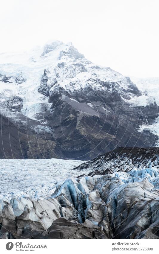 A striking view where the frozen cascades of Vatnajökull Glacier meet the rugged volcanic peaks, highlighting Iceland's diverse landscape glacier ice rock