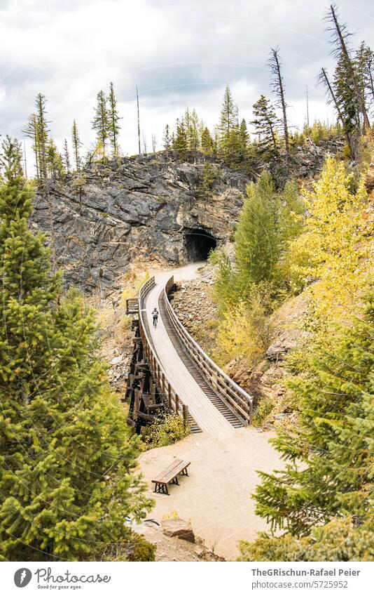 Cyclist rides over old railroad bridge into a tunnel Bicycle Bike Cycling Tunnel epic Gravel Dark Light Shadow Lanes & trails Passage Tunnel vision Corridor