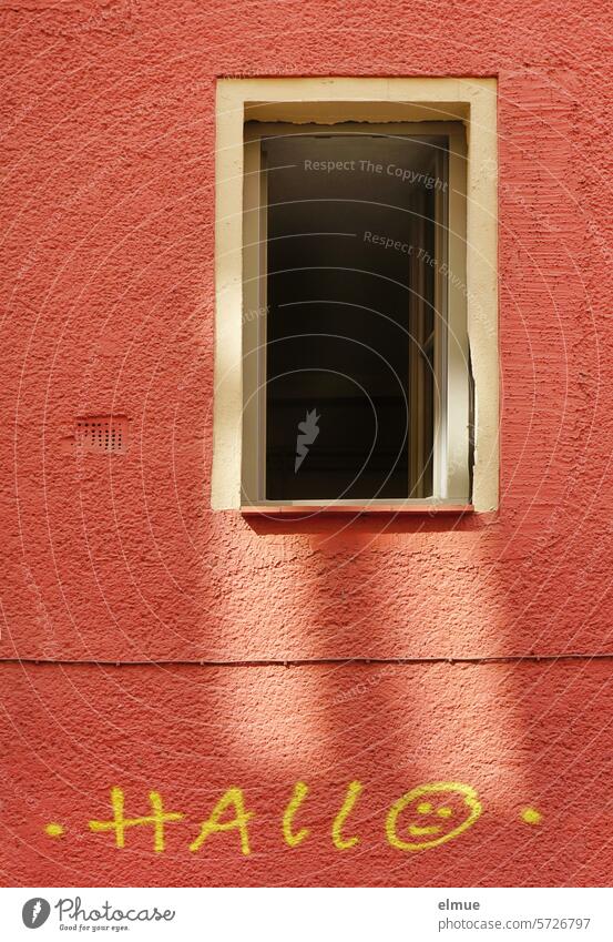 HALLO with smiley is written on a red house wall under an open window Hello Smiley Smiley face Welcome Window Facade Graffiti Daub red wall Street art Blog