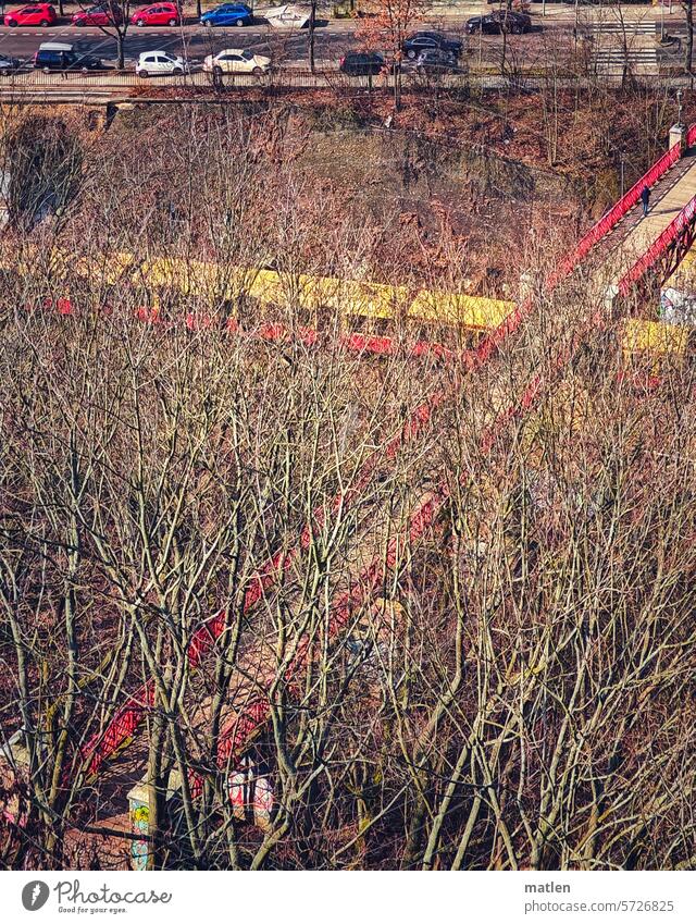 S-Bahn bridge Commuter trains Berlin Bridge trees cars view from above Cross Exterior shot