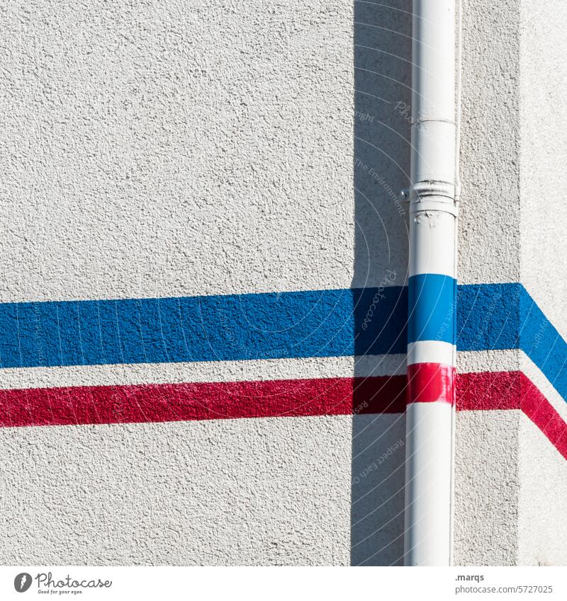 Blue-white-red house wall Wall (building) Corner Rain gutter White Red Simple Close-up Structures and shapes