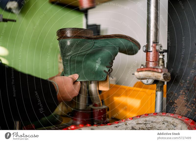 Shoemaker crafting a leather boot in a workshop in Austria shoemaker austria hands tool traditional technique skill green craftsmanship manual labor industry