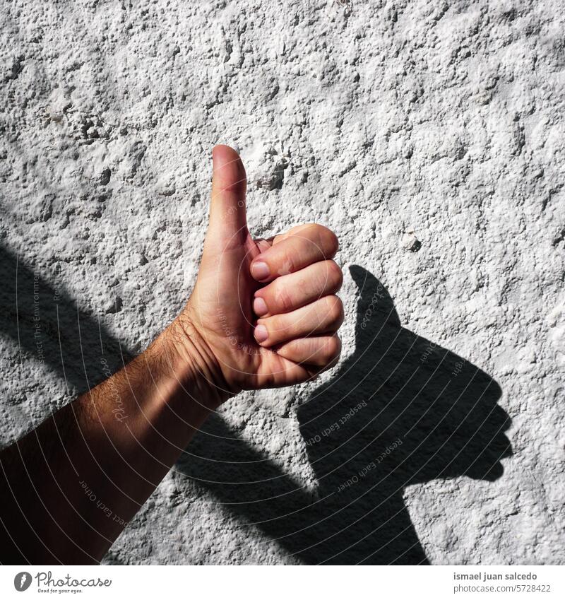 hand with the thumb up gesturing on the white wall white background shadow hand up light sunlight silhouette shadows fingers palm body part wrist arm skin