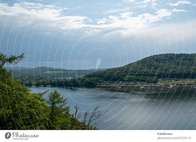 View of the Lake Edersee camping caravan water Germany day lake background campsite trees sky Ederstausee Europe pitch Camping copy space landscape season