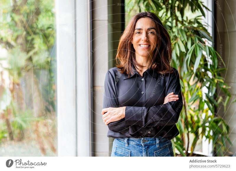 Confident female professional standing in office woman entrepreneur confident smile business looking at camera arms crossed casual smart indoor cheerful