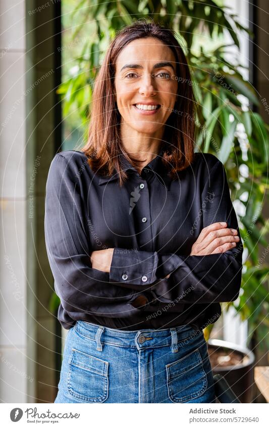 Confident businesswoman smiling at camera professional confident looking at camera natural background arms crossed female leadership entrepreneur positive