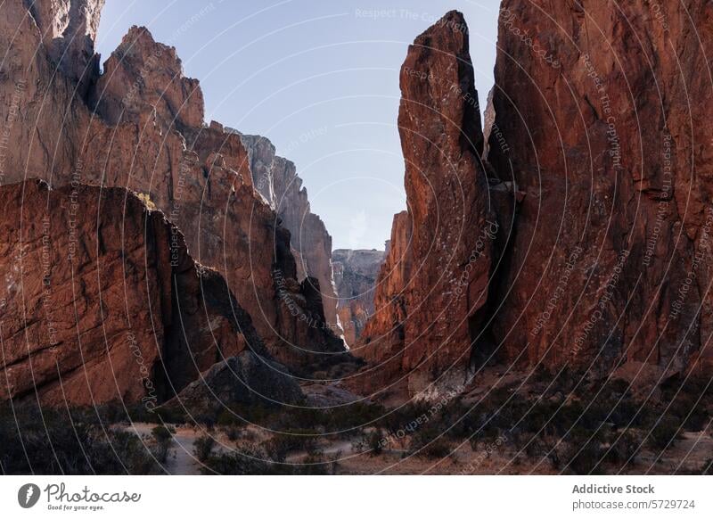 A narrow pathway winds through towering red cliffs under a clear sky in the rugged and remote landscape of Patagonia, Argentina narrow pass rock wilderness