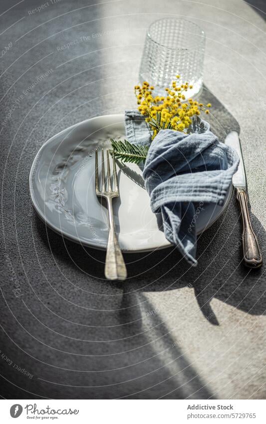 Top view of fresh outdoor table setting featuring a white embossed plate, silver cutlery, a blue linen napkin, and a sprig of bright yellow mimosa flowers decor