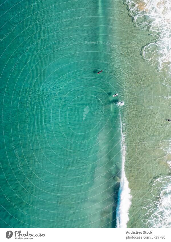 Serene Fuerteventura Beach with Surfers from Above fuerteventura aerial drone image beach surfer wave tranquil water shore calm sea ocean top view summer travel