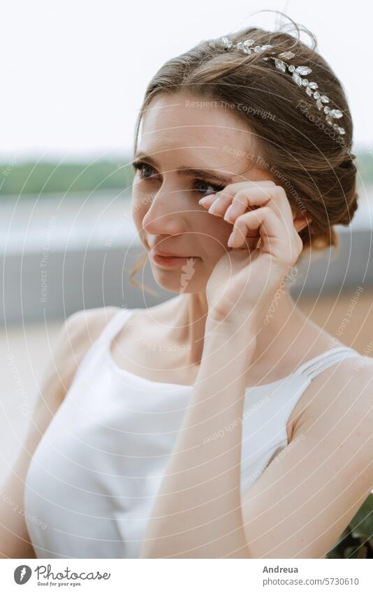 bride and groom first meeting on the roof of skyscraper blue bouquet city couple day dress forever happiness joy newlyweds smiles suit summer together top two